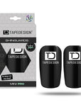 Ultraleichte TAPEDESIGN® Schienbeinschoner Mini Pro in Schwarz – Vorderansicht auf weißem Hintergrund