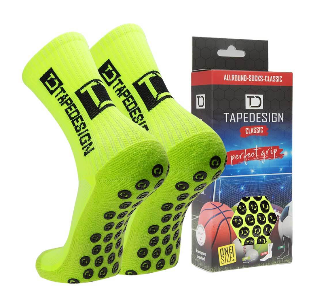 Tapedesign Gripsocken Fussball Neongelb – rutschfeste Fussballsocken mit Grip Noppen