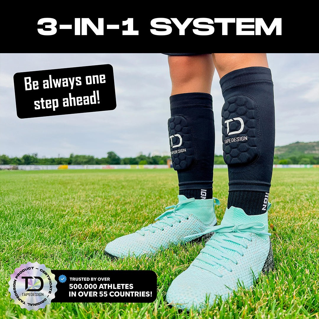 TAPEDESIGN Shinguards Sleeve KIDS im Einsatz auf dem Fussballplatz – 3-in-1 Schienbeinschoner Sleeve für Kinder