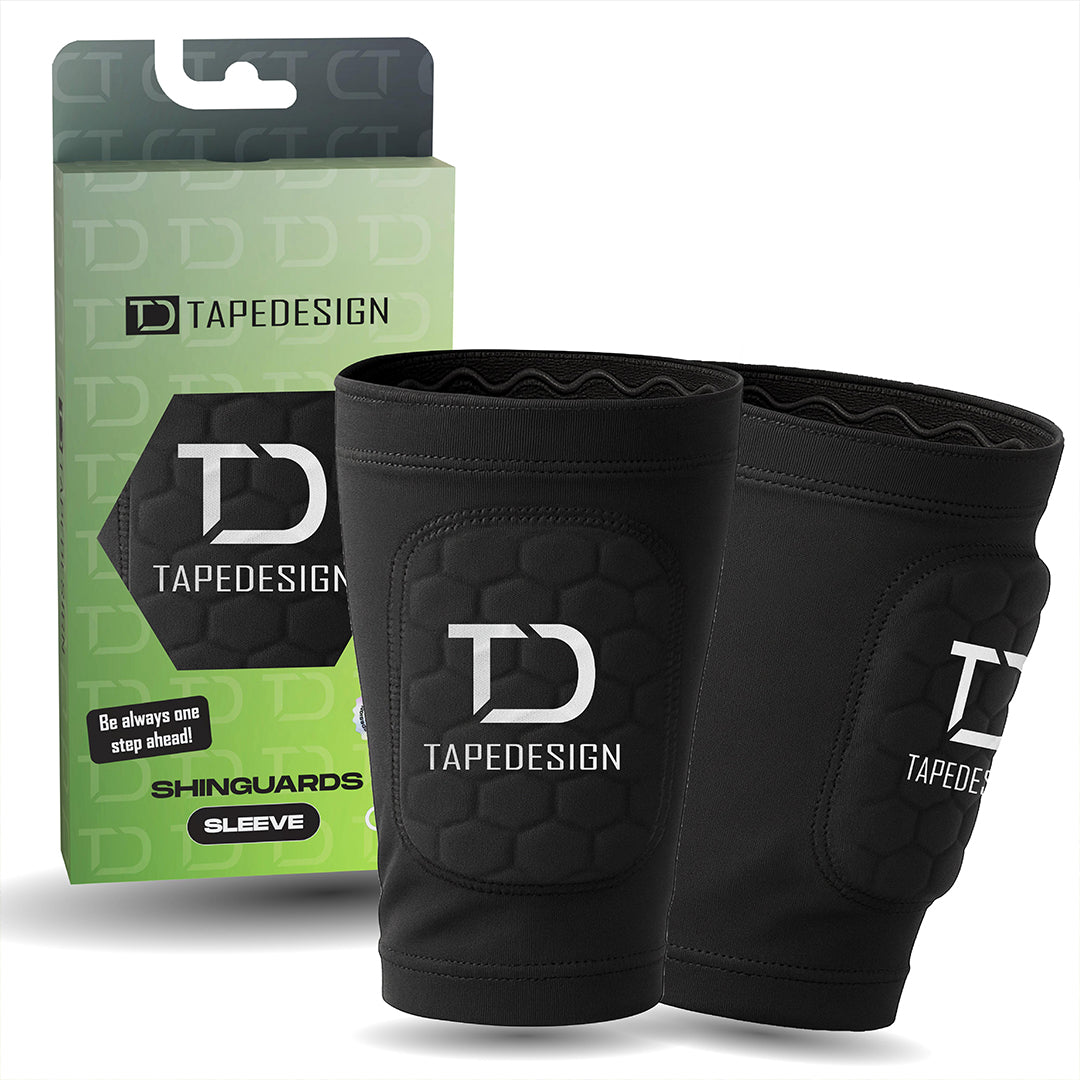 TAPEDESIGN Schienbeinschoner Sleeve in Schwarz mit Verpackung – rutschfeste und leichte Schienbeinschoner für Erwachsene