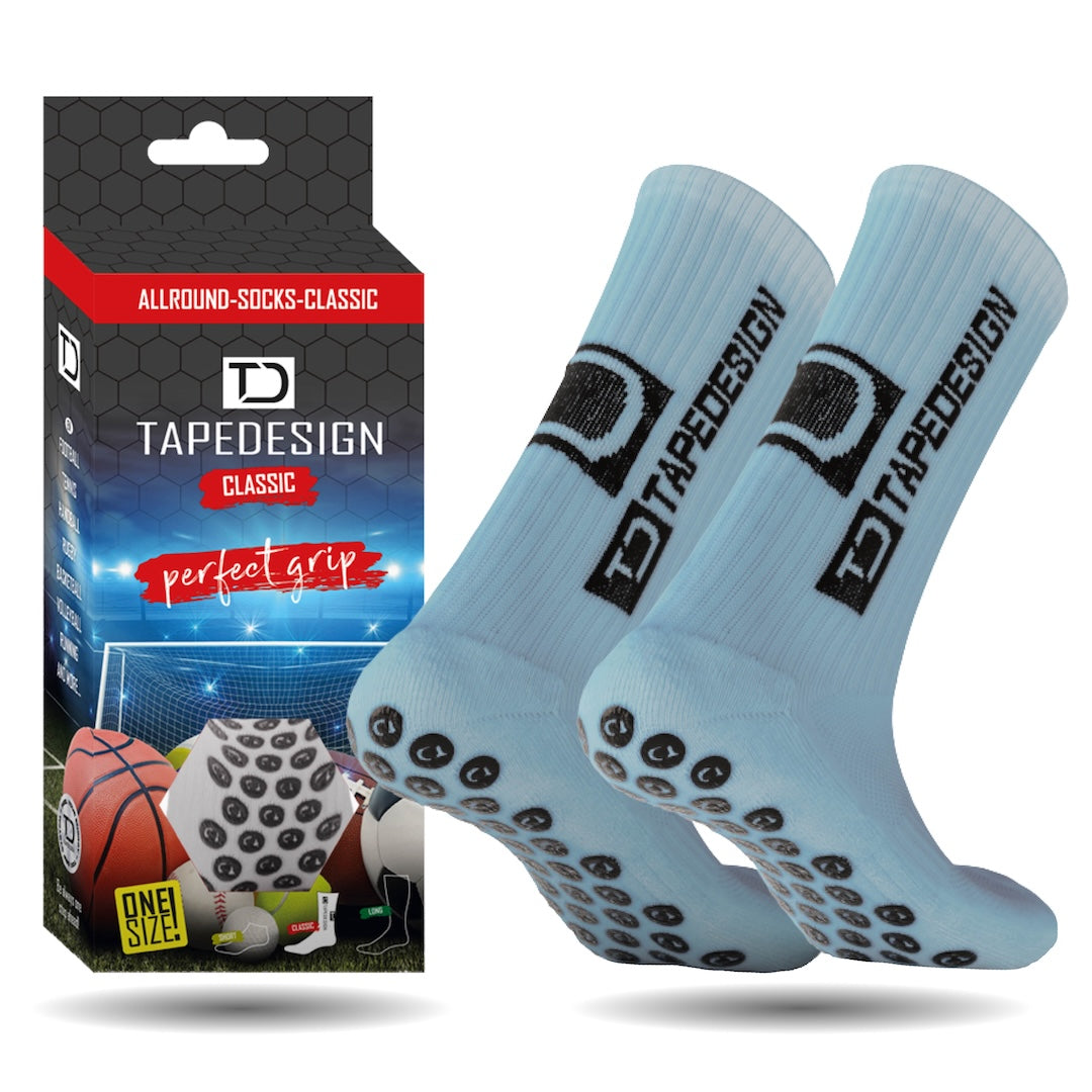 Tapedesign Fussball Gripsocken hellblau – rutschfeste Sportsocken für sicheren Halt