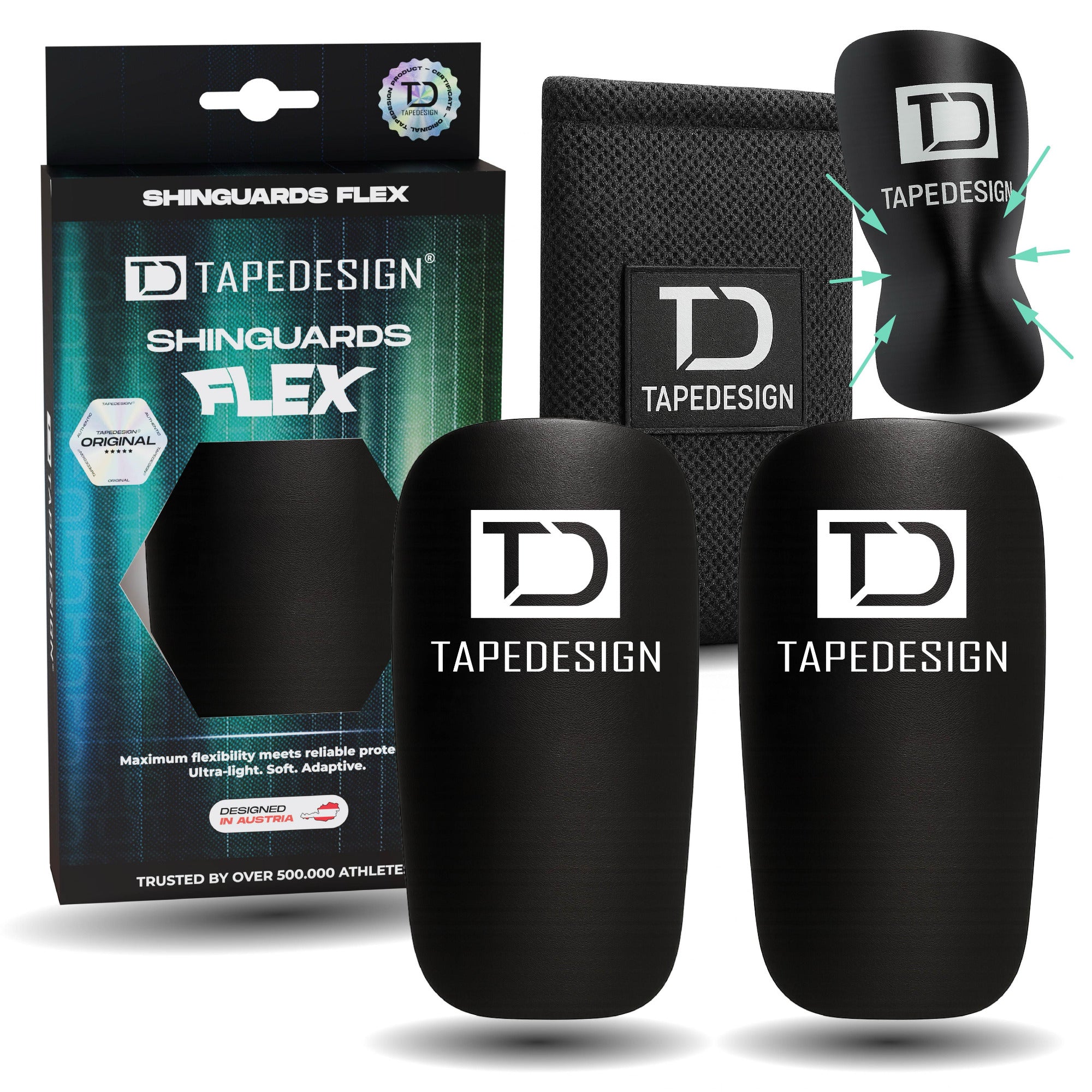 TAPEDESIGN FLEX Schienbeinschoner Set mit Verpackung und Beutel