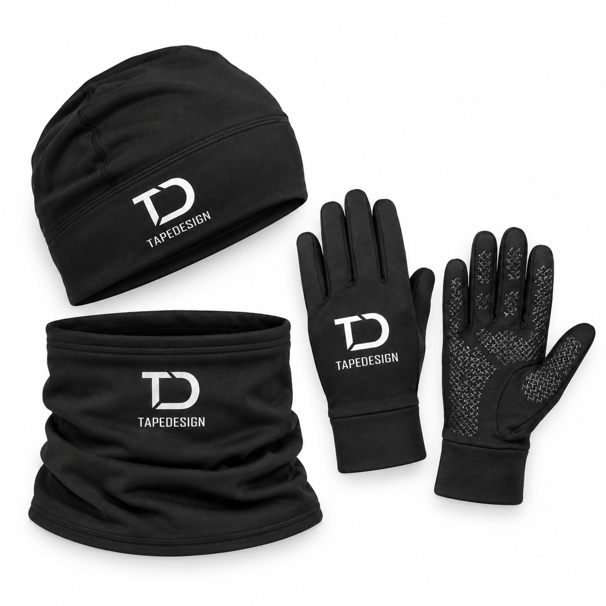 Schwarzes Tapedesign Winterset: Beanie, Halswärmer und Handschuhe mit Grip-Flächen vor weissem Hintergrund