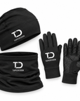 Schwarzes Tapedesign Winterset: Beanie, Halswärmer und Handschuhe mit Grip-Flächen vor weissem Hintergrund