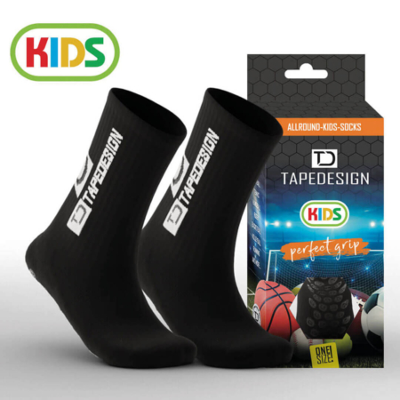 Tapedesign Kinder Kids Socken Schwarz- Hochwertige rutschfeste Fussballsocken Gripsocken